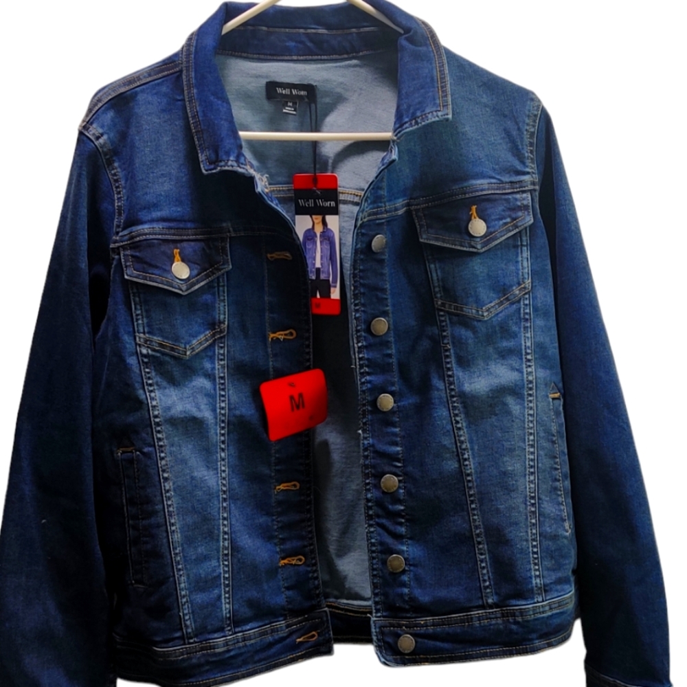 Well Worn Womens Denim Jacket Dark Blue Stretch Comfort Pockets Buttons NWT